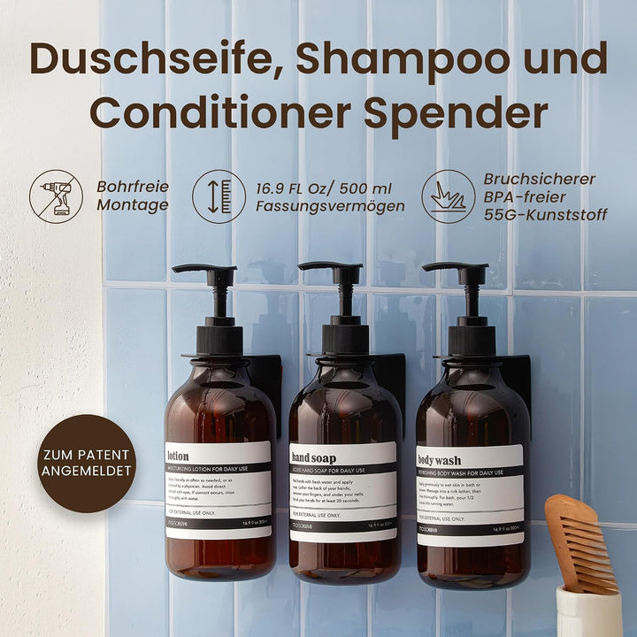 MaisoNovo Shampoo Flaschen zum befüllen – Duschseifen Seifenspender Wandbefestigung – 500 ml Set mit