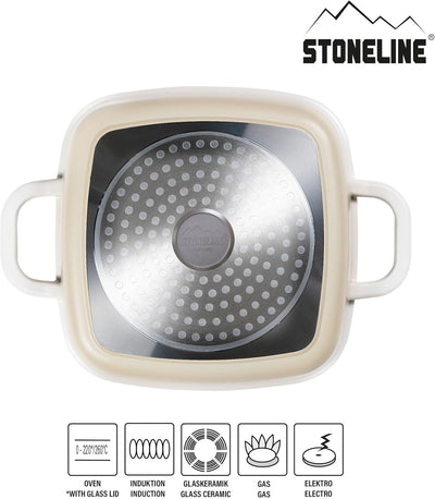 STONELINE Eckpfanne, 20x20 cm, mit Aroma Glasdeckel, Servierpfanne, Induktion, Aluguss, antihaft bes