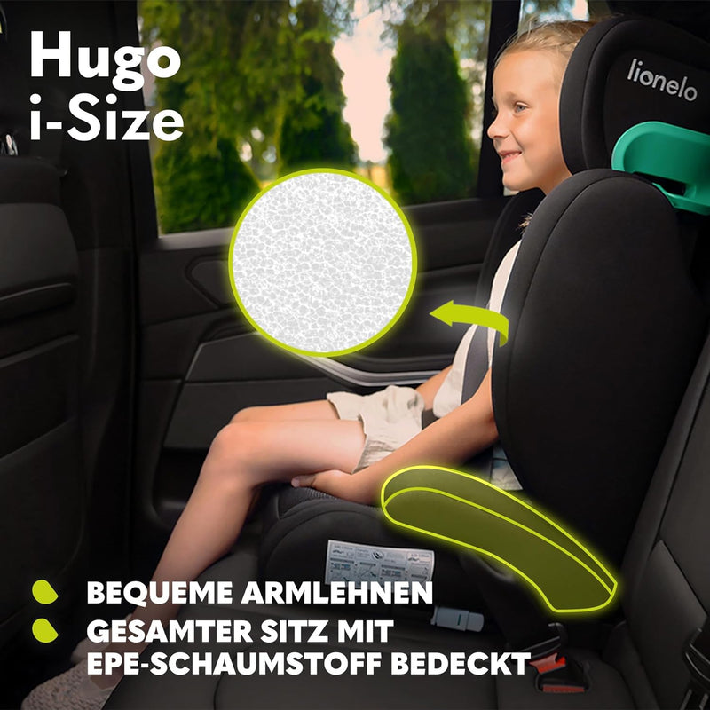 LIONELO HUGO I-SIZE Kinderautositz, Gruppe 2 3, von 100–150 cm, ISOFIX-Installation, verstellbare Ko