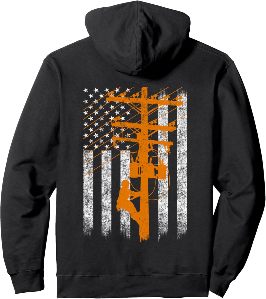 Silhouette American Flag Lineman Electrician Pullover Hoodie