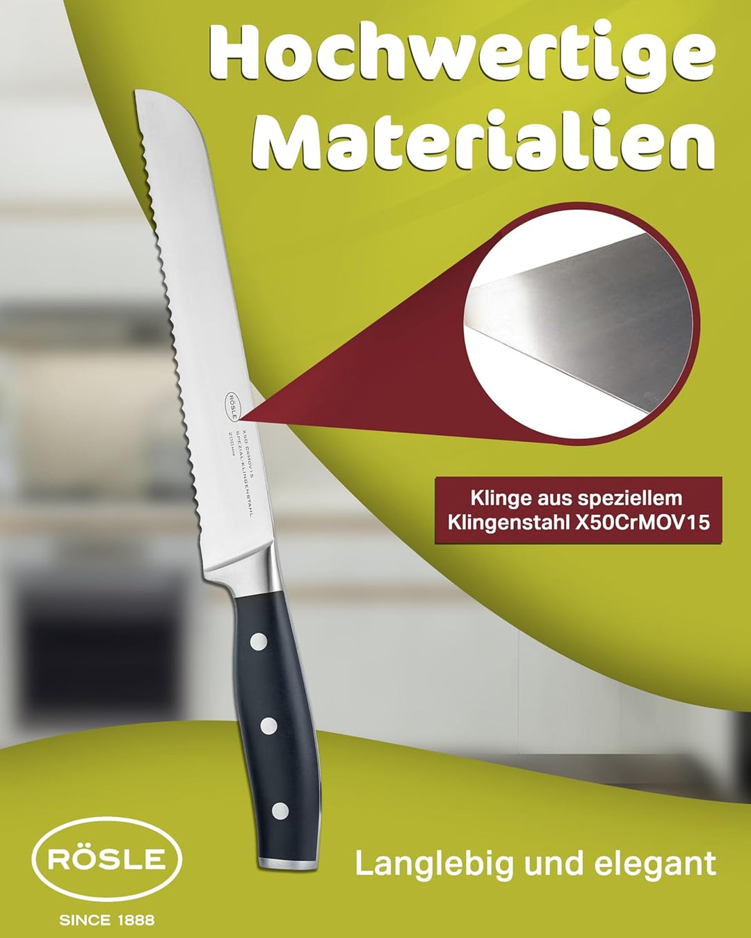 RÖSLE Brotmesser Tradition, Hochwertiges Küchenmesser zum Schneiden von Brot, Brötchen und Baguette,