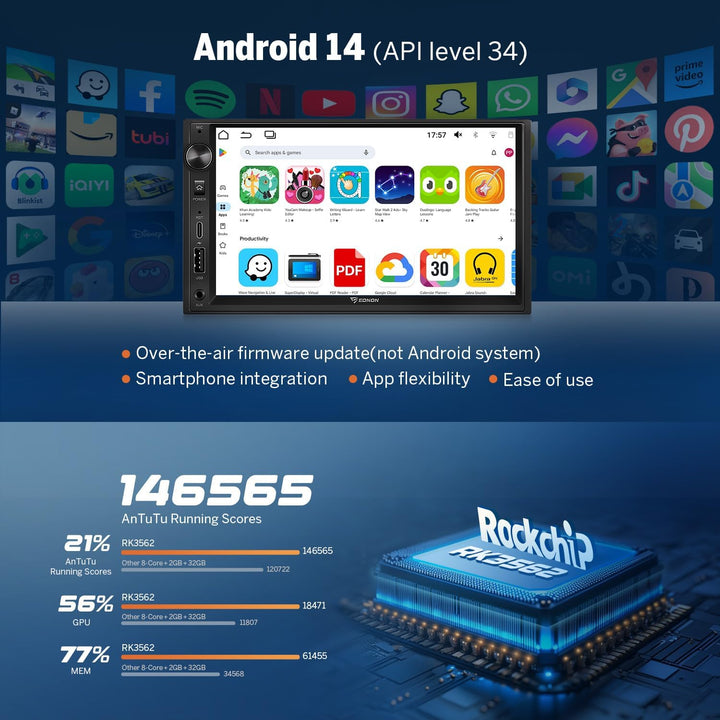 Eonon 7 Zoll Android 14 Doppel-Din-Autoradio 4+64GB GPS Navigationssystem CarPlay Android Auto Scree