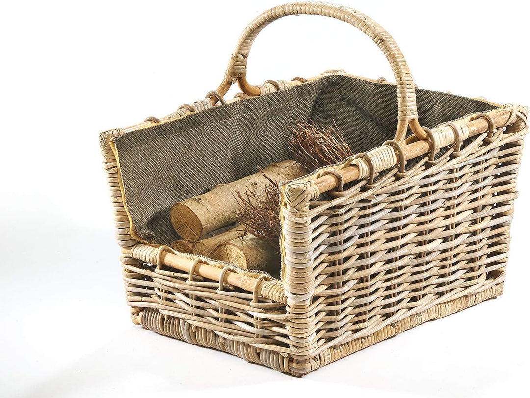 Kobolo Kaminholzkorb Holztrage für Kaminholz -Rattan grau abnehmbarer Textileinsatz in