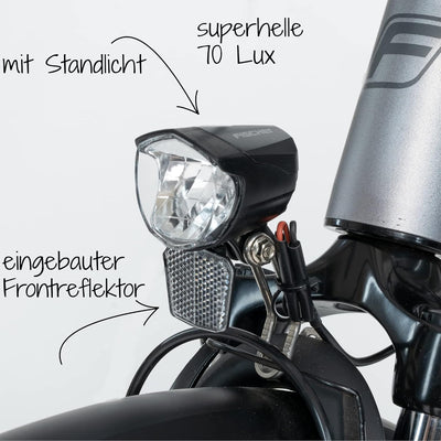 FISCHER Fahrrad Dynamo LED-Scheinwerfer 70 LUX | Fahrradlampe mit Standlichtfunktion | LED-Fahrradli