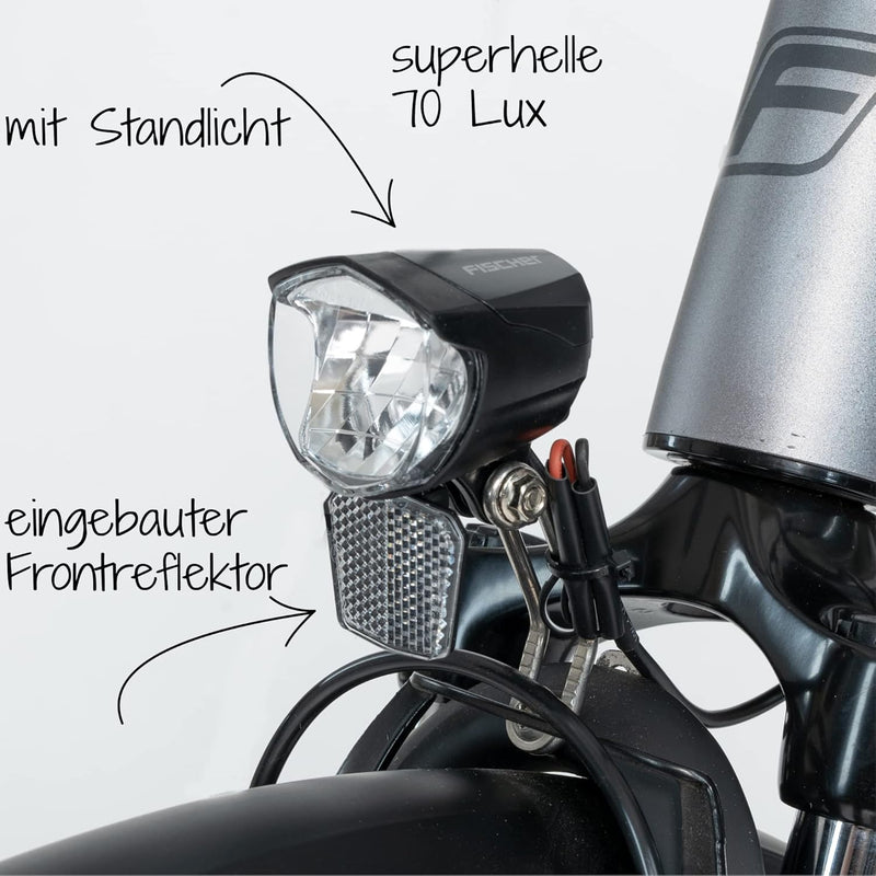 FISCHER Fahrrad Dynamo LED-Scheinwerfer 70 LUX | Fahrradlampe mit Standlichtfunktion | LED-Fahrradli