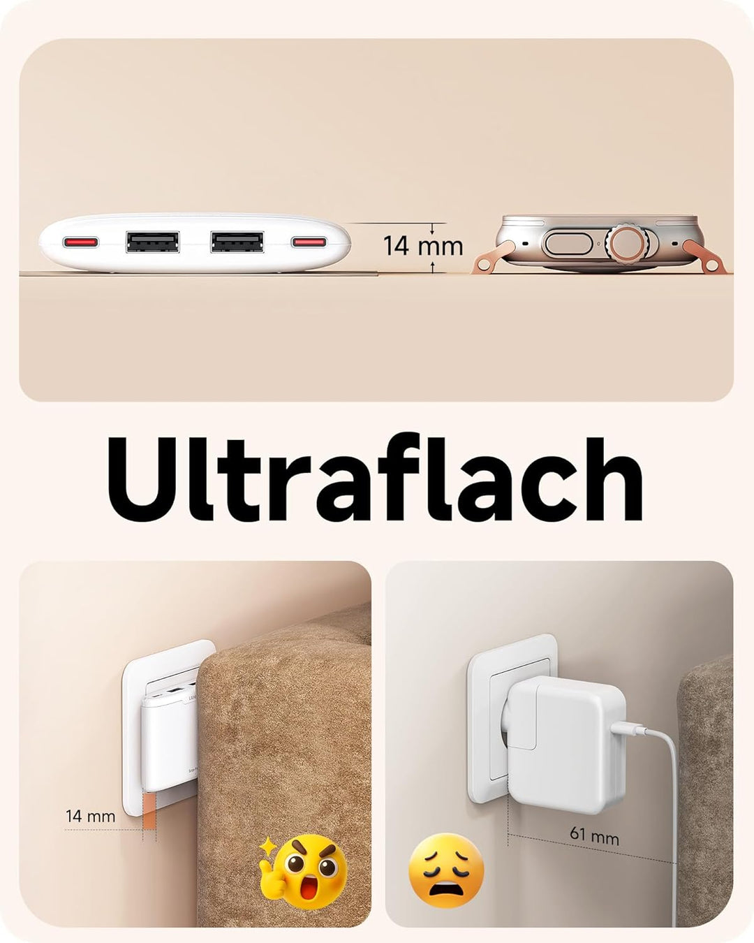 LENCENT Flaches USB C Ladegerät Slim Wandladegerät Netzteil 4-Port Charger dünner Ladestecker Mehrfa