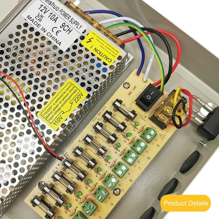 CCTV Netzteil 12V 10A DC 120W, 9 Kanal Überwachungskamera Netzteilkasten mit Metallgehäuse & Schloss
