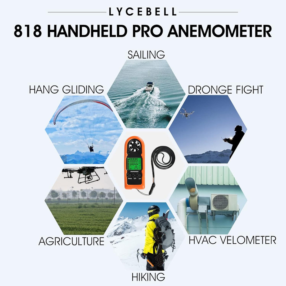 LYCEBELL Handheld Windmesser, LC-818 Digital Anemometer Windmessgerät Messen von Windgeschwindigkeit