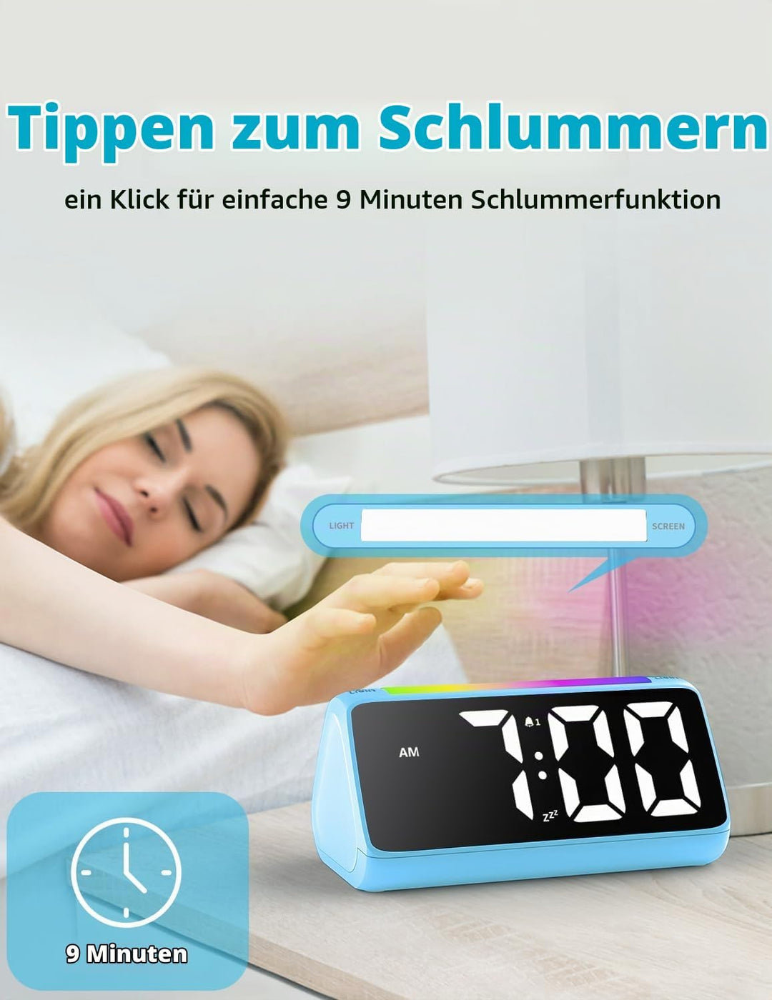 Wecker Digital, Digitaler Wecker Kinder mit Licht, Bunter LED Anzeige, 0-100% Helligkeitsdimmer, 2 A