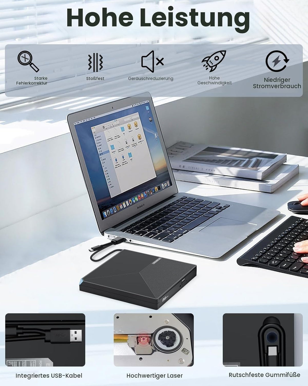 ORIGBELIE Externes DVD Laufwerk, USB 3.0 Typ C CD DVD +/-RW Externer DVD Brenner, Ultra-Slim Externe