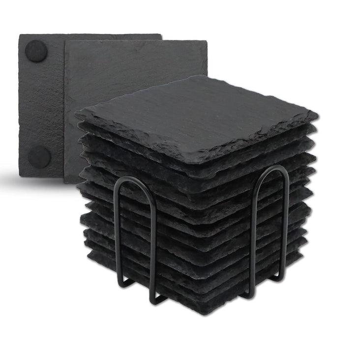 VIBRATITE Schiefer Untersetzer, 12 Stück Glasuntersetzer eckig mit Halter, Schieferplatte 10,2 cm sc
