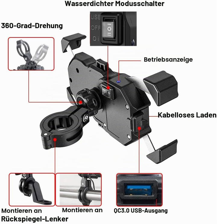 iMESTOU Motorrad Wireless Telefonhalterung 15W Qi &amp; USB Quick Charger 3.0 Lenker/Rückspiegel Mobile