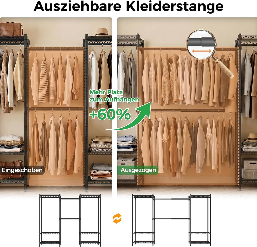 Mondeer Offener Kleiderschrank, ausziehbarer Metall-Kleiderständer Schwarz, Schwarz