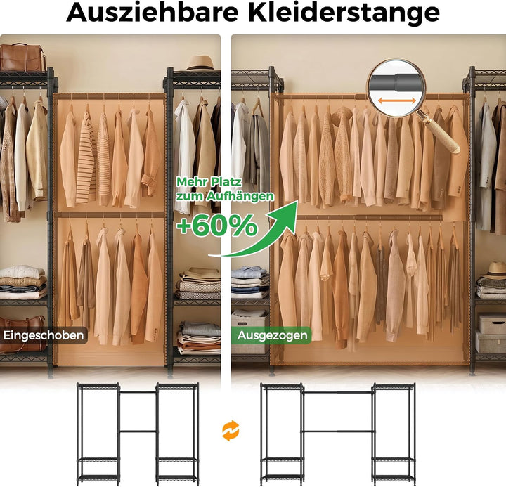Mondeer Offener Kleiderschrank, ausziehbarer Metall-Kleiderständer Schwarz, Schwarz
