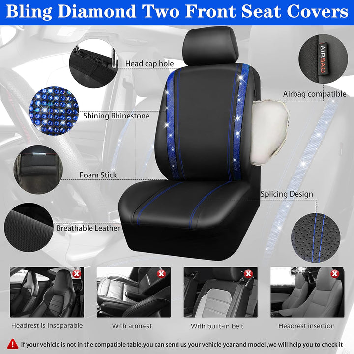 CAR PASS Wasserdicht Leder Autositzbezüge, Bling Diamant Komplettset Sitzbezug, Glänzend Kristall Gl