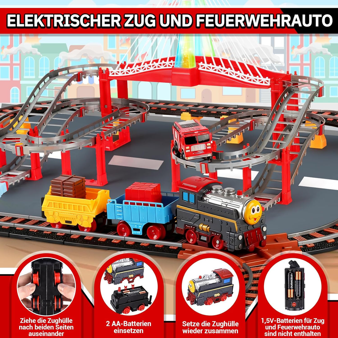 JONRRYIN Kinder Eisenbahnschiene Zug Spielzeug Set, Autorennbahn Spielzeug mit Zug&Autobahnautos, fü