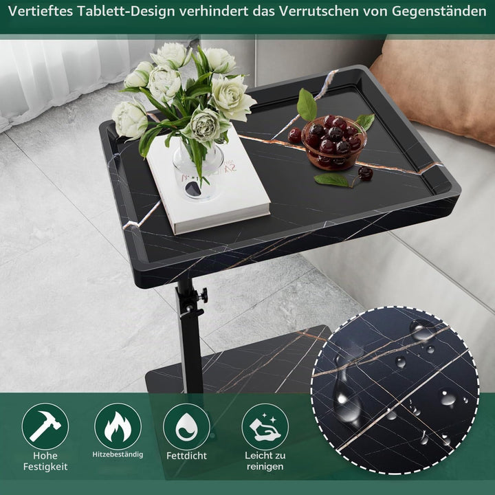Beistelltisch mit Rollen, Beistelltisch Höhenverstellbar haben 360° Rotierend, C-Form Sofa tisch für