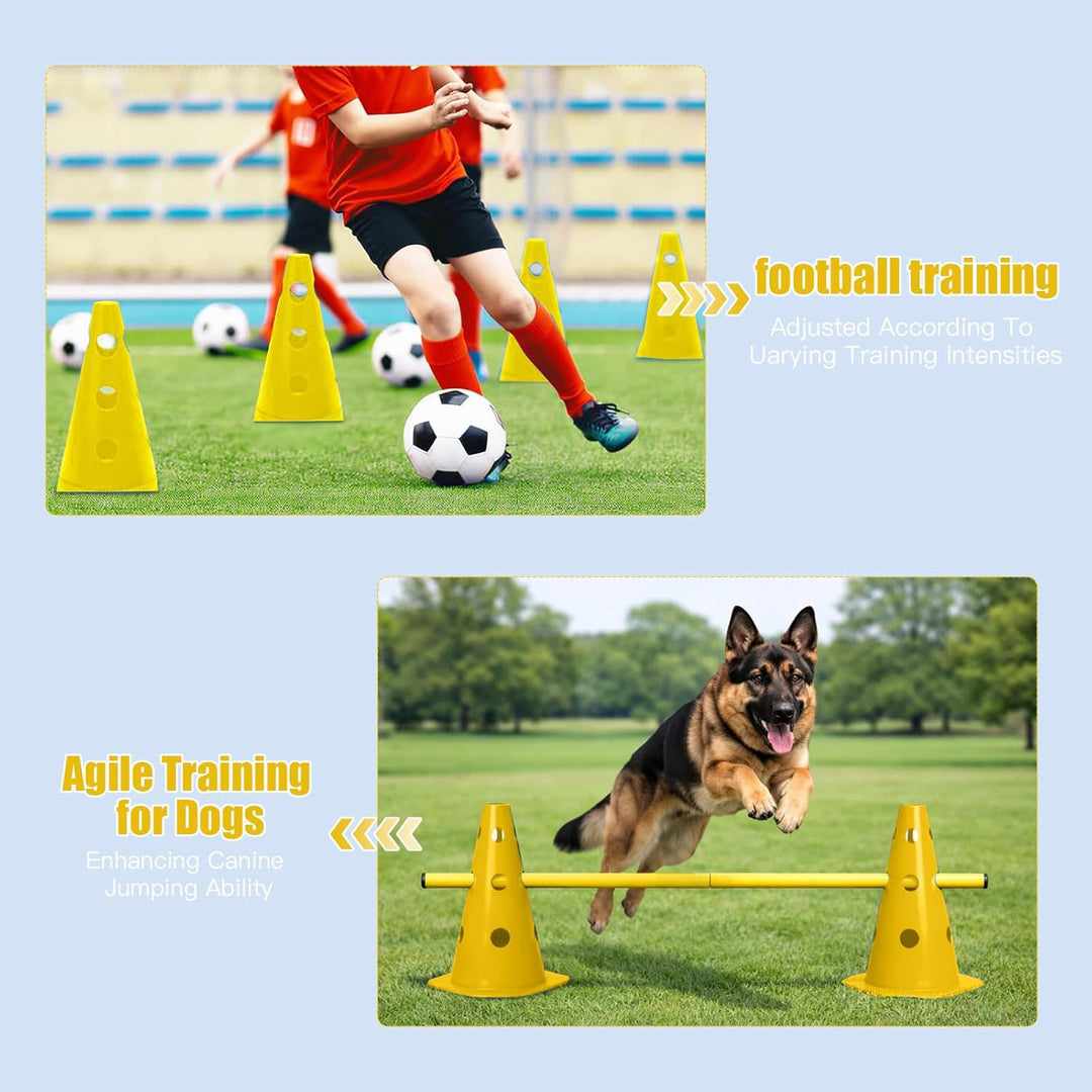 Steckhürdenset 10 Kegel + 5 Stangen, Höhenverstellbare Agility Hürden für Hundesport &amp; Fussballtrain