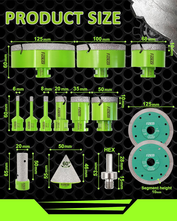 Diamant-Trennscheibe 125MM Fliesentrennscheibe und FACHLICH Diamant Fliesenbohrer Set 6-125mm