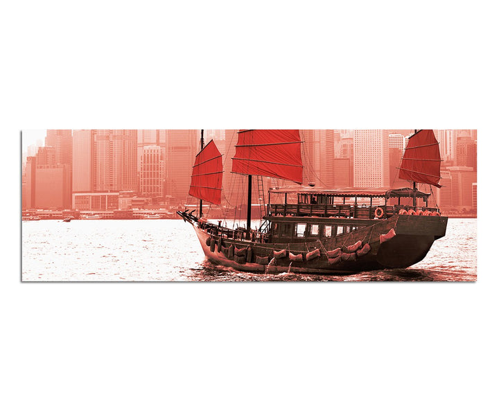 Paul Sinus Art Panoramabild auf Leinwand und Keilrahmen 150x50cm Hongkong Skyline Hafen Segelschiff