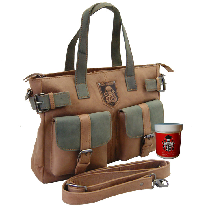BARON of MALTZAHN Citybag Schultertasche CHAGALL aus oliv-braunem Leder, incl. Lederpflege