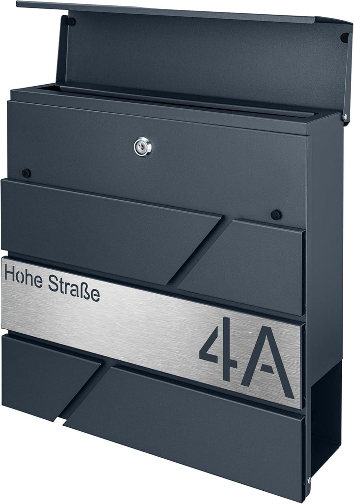 Briefkasten mit Zeitungsfach in Anthrazit, Edelstahlbriefkasten, Wandbriefkasten Briefkasten mit Sch