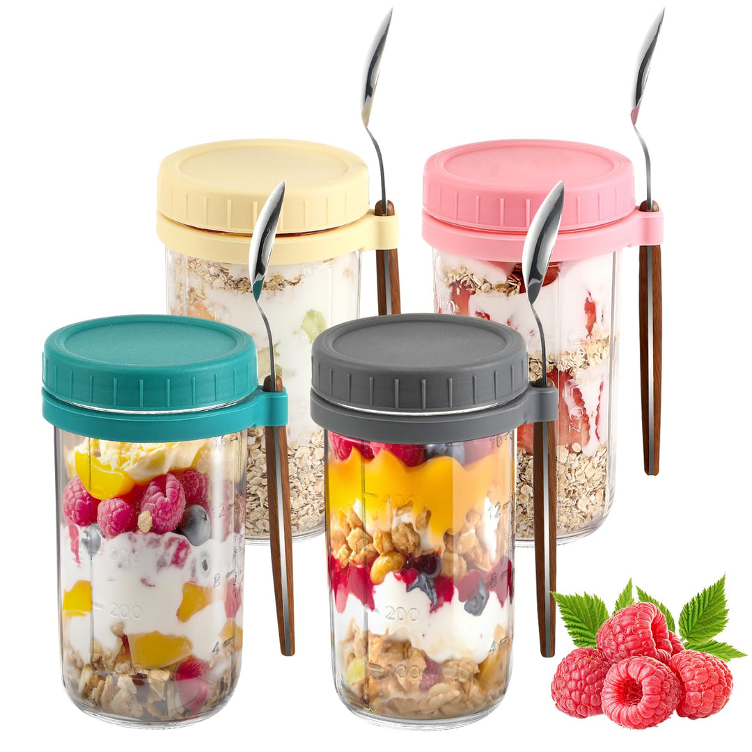 4 Stück Glas Müslibecher to go mit Deckel und Löffel, 600ml Overnight Oats Gläser Mason Jars mit Mes