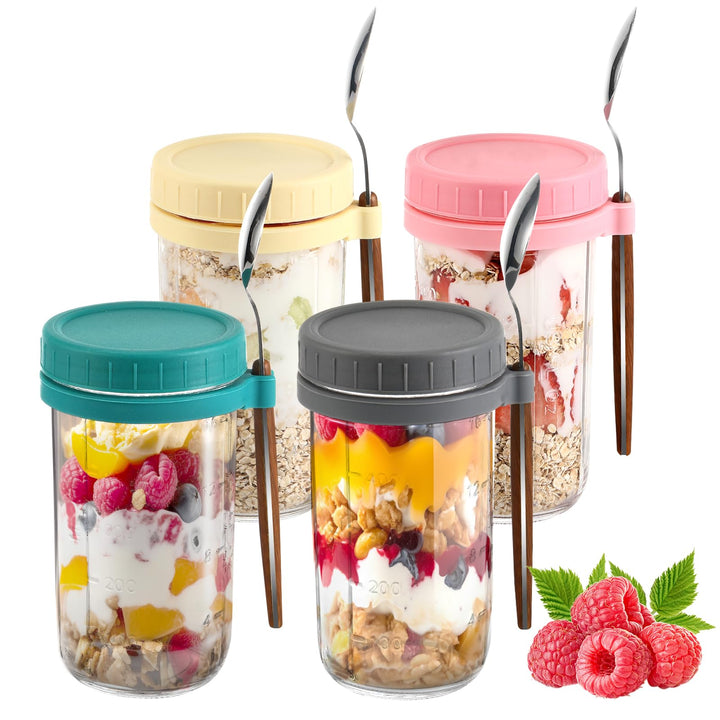 4 Stück Glas Müslibecher to go mit Deckel und Löffel, 600ml Overnight Oats Gläser Mason Jars mit Mes
