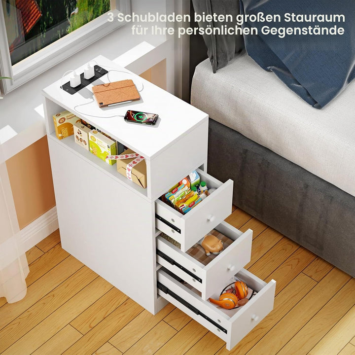 PIPIPOXER Nachttisch schmal, Nachttisch mit Steckdose & USB, Nachtschrank mit 3 Schublade, 1 Offenen