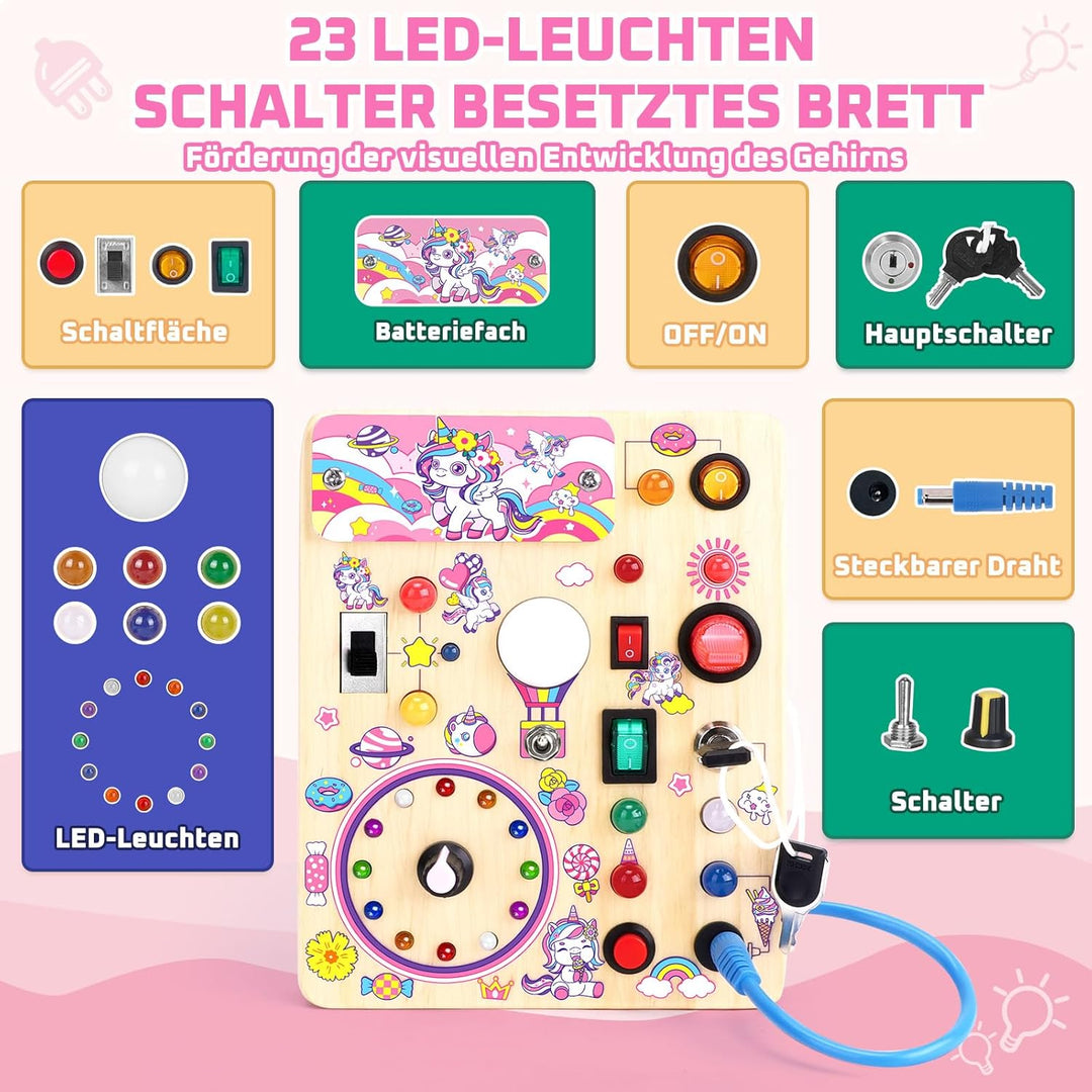 Unicorn Busy Board Montessori Spielzeug ab 1 Jahr Activity Board Holzspielzeug Mit 10 Schaltern und