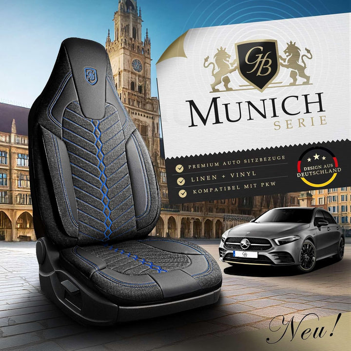Autositzbezüge Universal für PKW & SUV – Premium Vordersitze Auto Sitzbezug aus Leinen, Schwarz-Blau