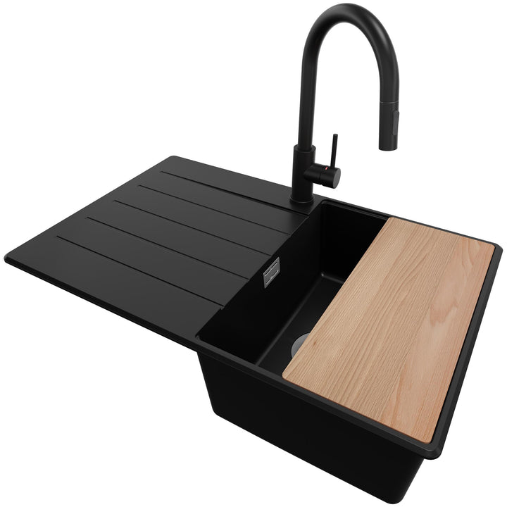 Granitspüle Schwarz 78x50 cm, Spülbecken + Ablauf-Set + Küchenarmatur 9050, Küchenspüle für 45er Unt