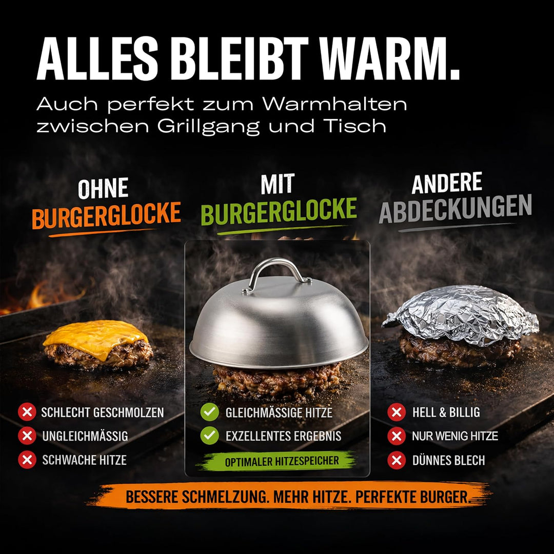 Burgerglocke XXL 2er Set Edelstahl – Käseschmelzglocke Burger Dome für perfekt schmelzenden Käse – Ø