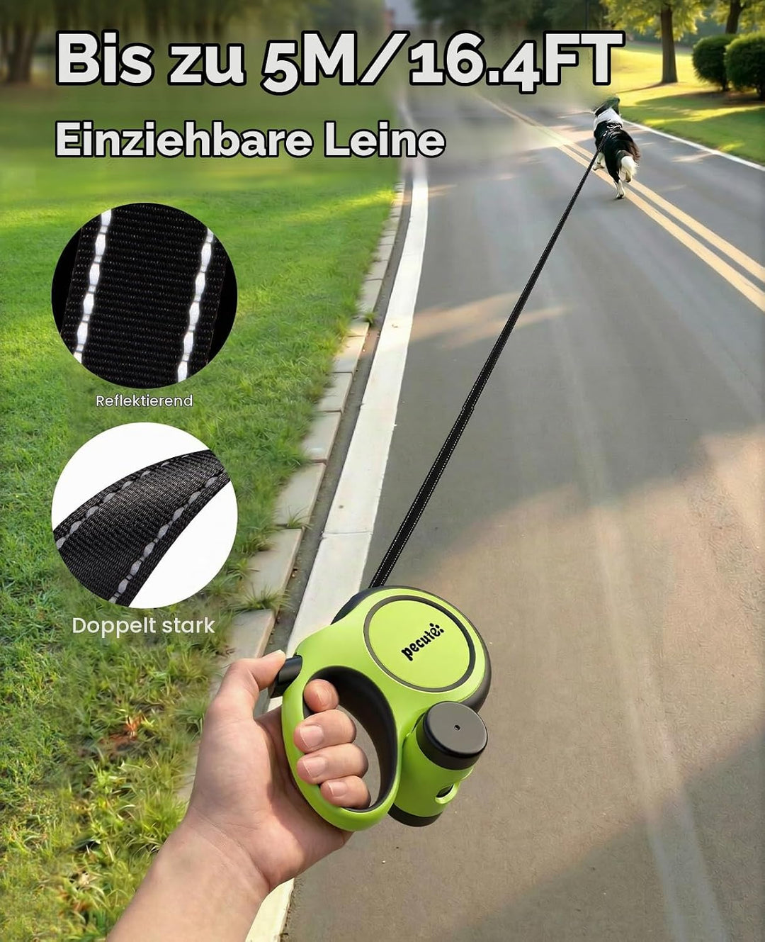 pecute Hundeleine 5m mit Bissfestem Kabel 46cm| Leicht Rollleine Reflektierende für Hund mit Kotbeut