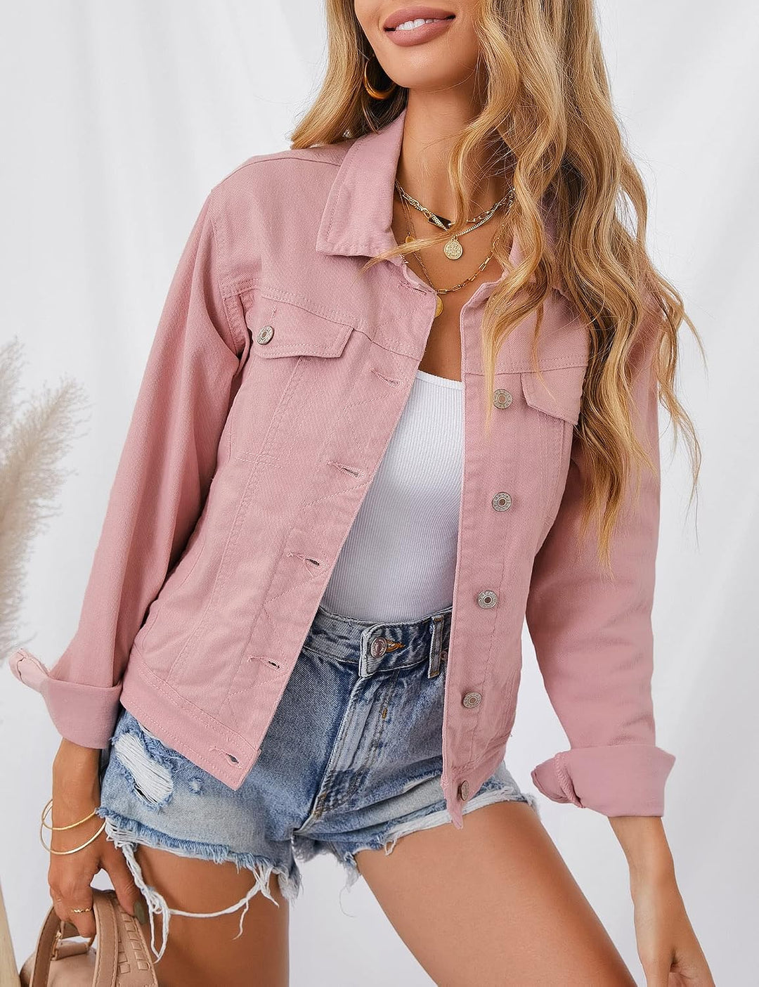 Roskiky Jeansjacken Damen Jean Stretchy Langarm Trucker Jacke mit Tasche XS Rosa, XS Rosa