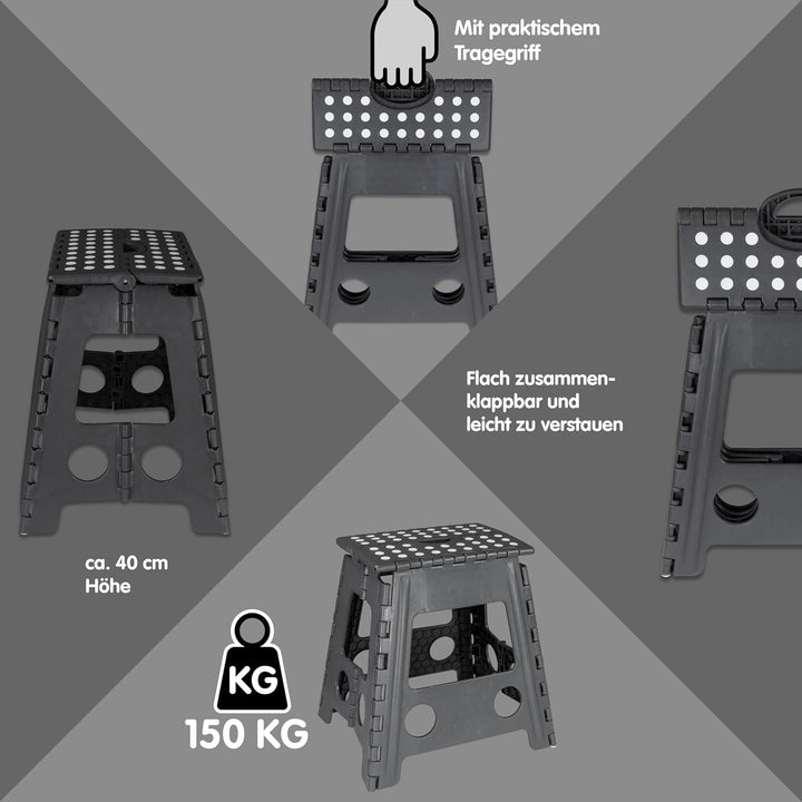 Deco4Me XL Tritthocker klappbar 40 cm hoch, belastbar bis 150 kg, 1 Stufe, rutschfest - Faltbarer Kl