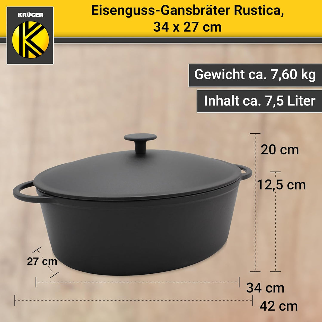 Krüger Gusseisen Gansbräter mit Deckel - emailliert - hohe Hitzebeständigkeit und sehr gute Wärmespe