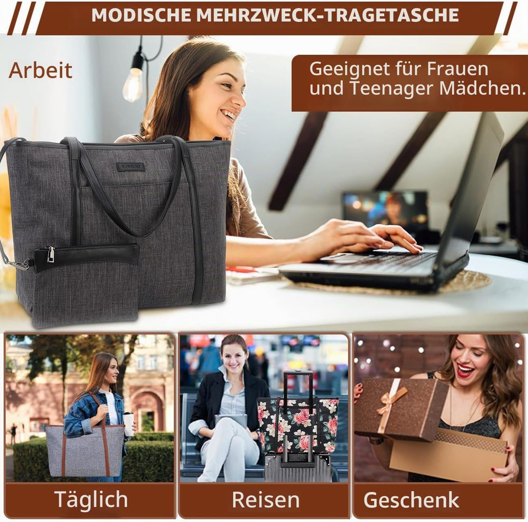 VX VONXURY Laptop Handtasche Damen Canvas Laptoptasche 15,6 Zoll Schultertaschen Shopper, Grosse Arb
