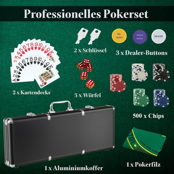 HOMASIS Pokerset mit 500 Chips, Poker Koffer mit 2 Kartendecks, 5 Würfel, Kasino-Matte, 3 Dealer But