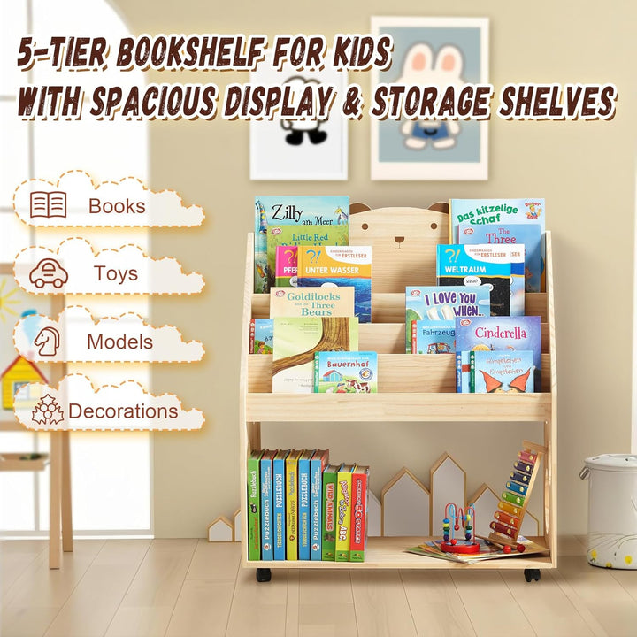 Kinder Bücherregal Montessori mit Rollen & Tafel, 5-stöckiges Kinderregal Kinderbücherregal Kinderzi