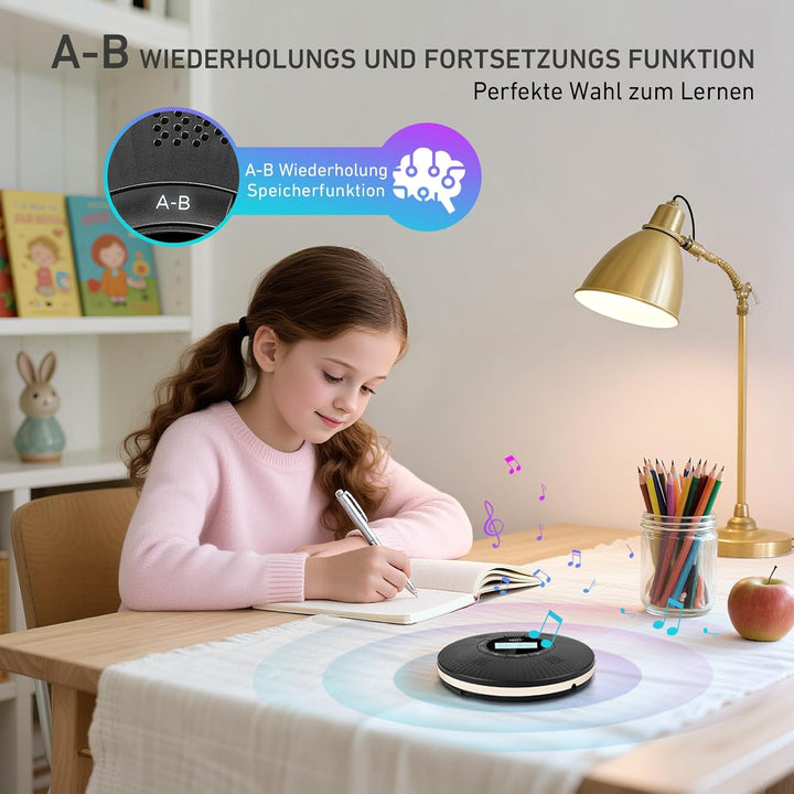 HOTT CD Player Tragbar Bluetooth CD-Player mit 4 Lautsprecher und FM-Transmitter, Tragbarer CD Playe