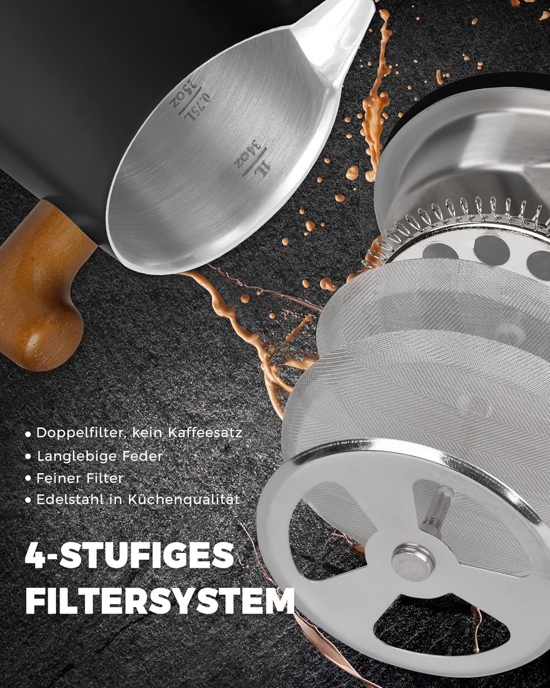 Poliviar French Press Kaffeebereiter 1 Liter/8 Tassen, Doppelwandige Isolierte Kaffeekanne und Teebe