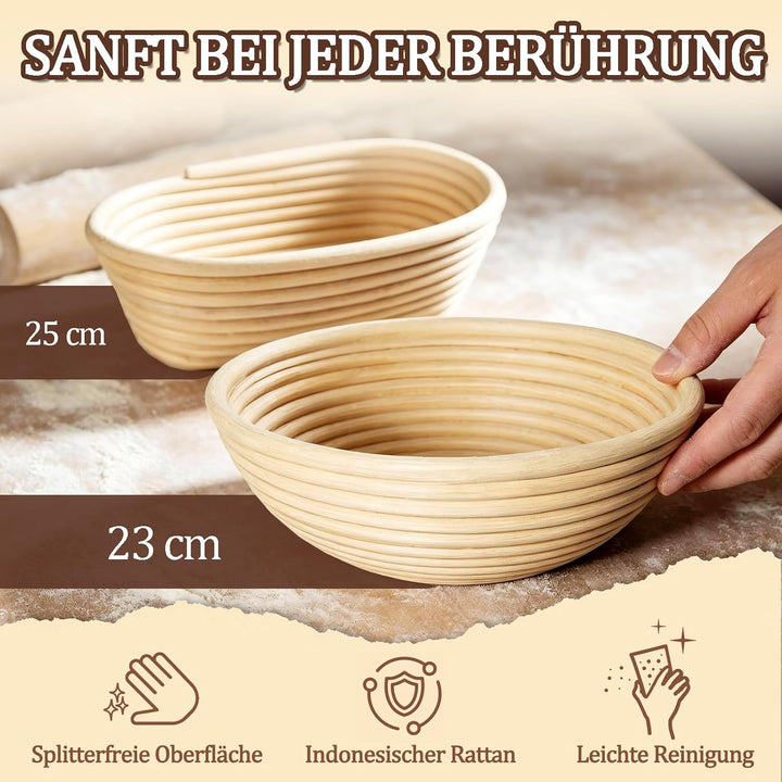 Komplettes Gärkörbchen Sauerteig Starter Set, 700ml Sauerteig Glas mit Gärkorb rund und oval, Spatel