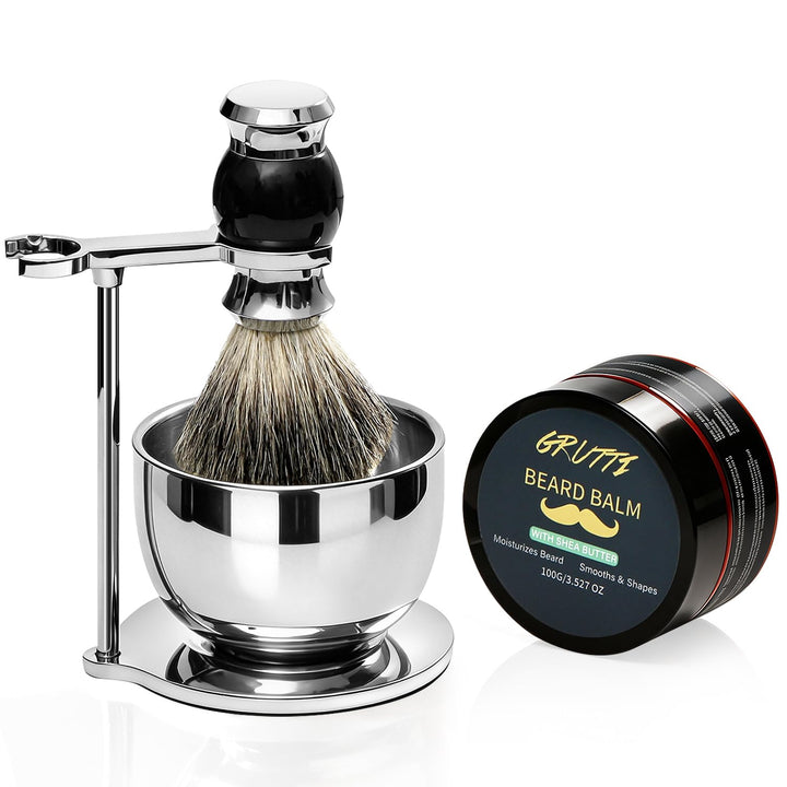 GRUTTI Rasier-Set 4-in-1: Rasierbürste + Rasierbecher + Rasierständer + Rasiercreme, Luxus Rasurerle