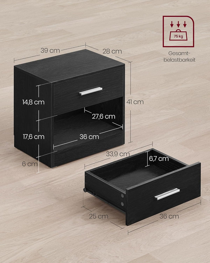 VASAGLE Nachttisch, 2er Set, Beistelltisch, mit Schublade, Griff, offenes Fach, Couchtisch, für Schl