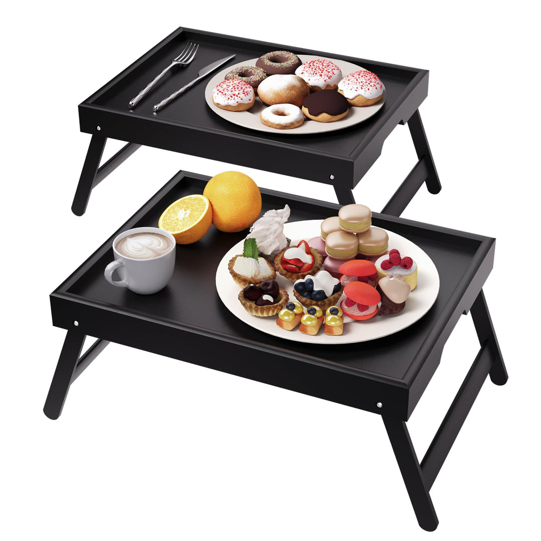 2er Pack Betttablett mit klappbaren Beinen, Bambus Frühstückstabletts, Serviertablett Betttisch für