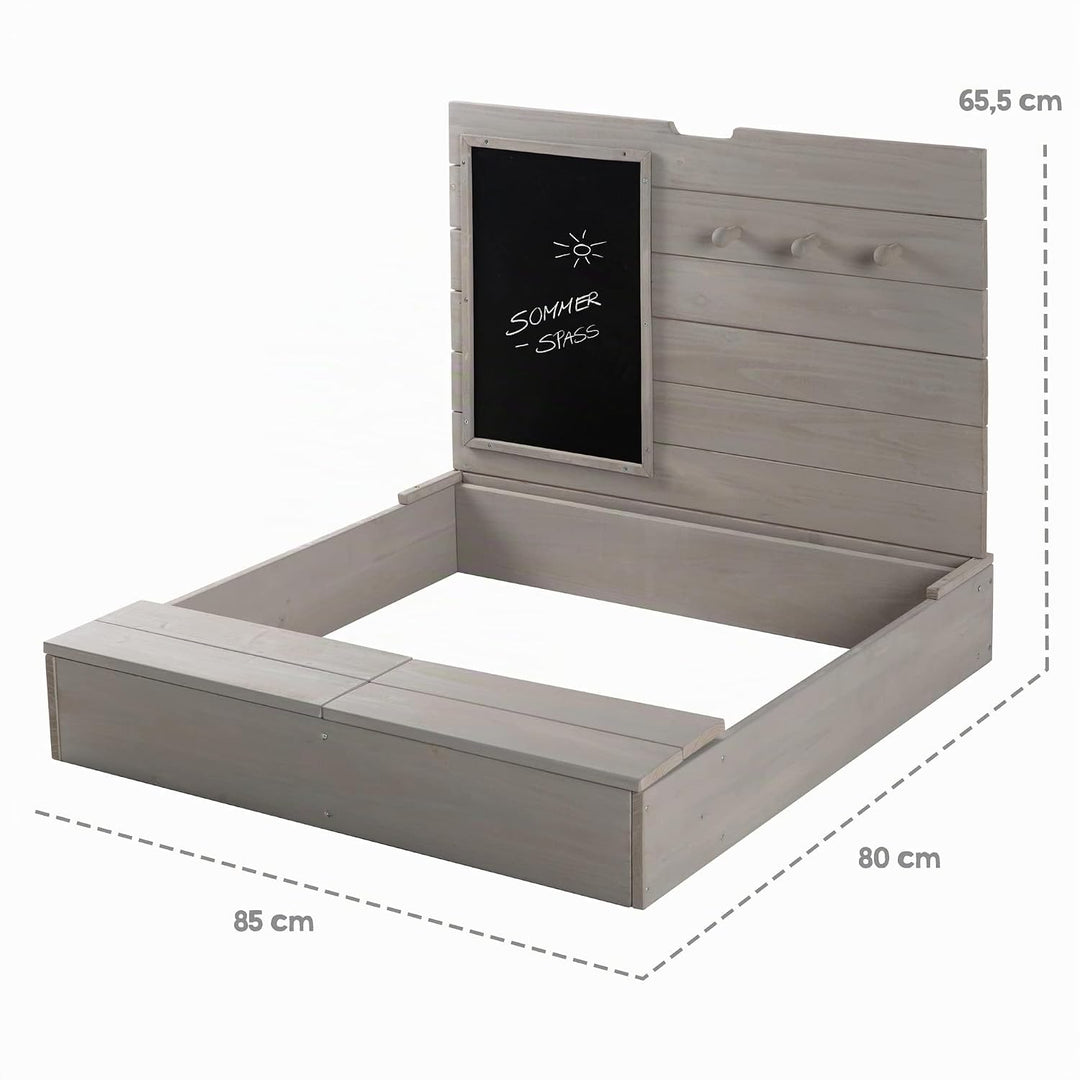 roba Sandkasten aus Holz mit Deckel - Sandkiste aufklappbar mit Tafel &amp; 3 Haken - Wetterfest Abdecku