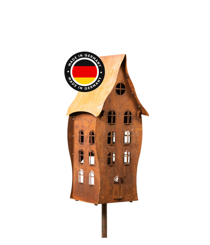 Hexenhaus mit 3 Etagen auf Stab (15x15x45cm) – wetterfest – Vogelhaus aus Metall im Rostdesign – mit