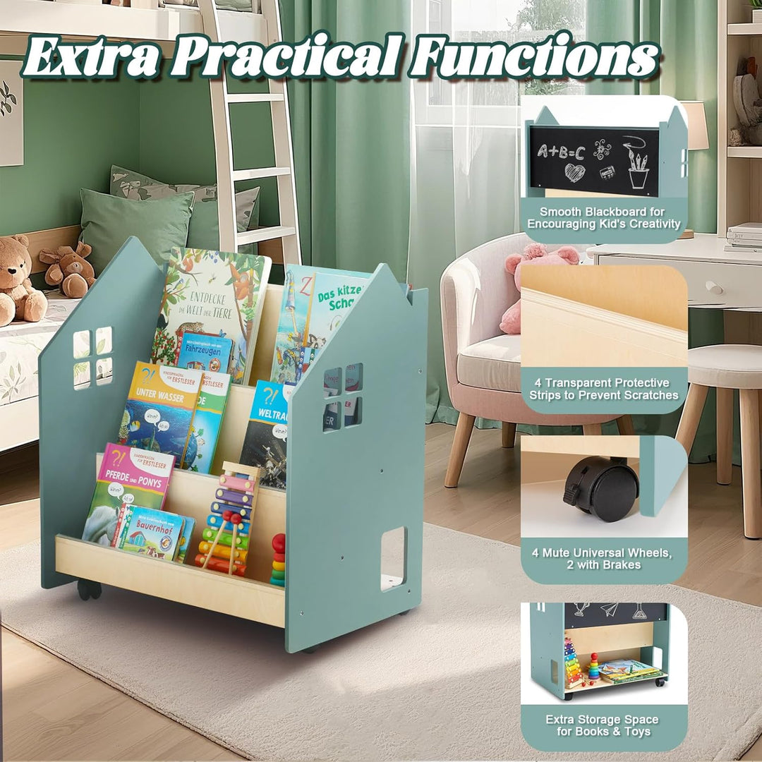 Bücherregal Kinder mit Tafel & Rollen, Montessori Kinderregal Kinderbücherregal mit 3 Fächern, Spiel
