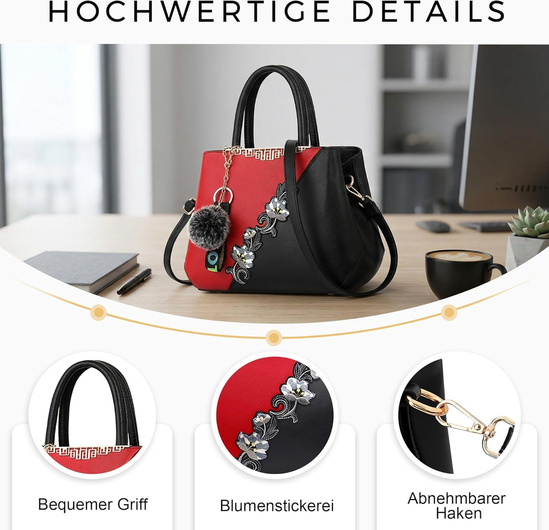 VARLIVOO Handtasche Damen Mittelgross Elegant Taschen mit Blumenstickerei Leader PU Henkeltasche Fra